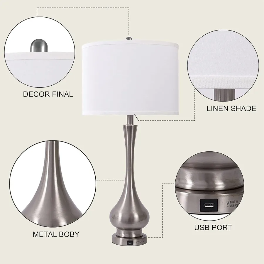 مجموعة مصابيح طاولة حديثة كبيرة مقاس 30 بوصة مكونة من 2 لغرفة المعيشة وغرفة النوم مع منفذ شحن USB ومنضدة من الفولاذ المصقول قابلة للتعتيم بثلاثة اتجاهات