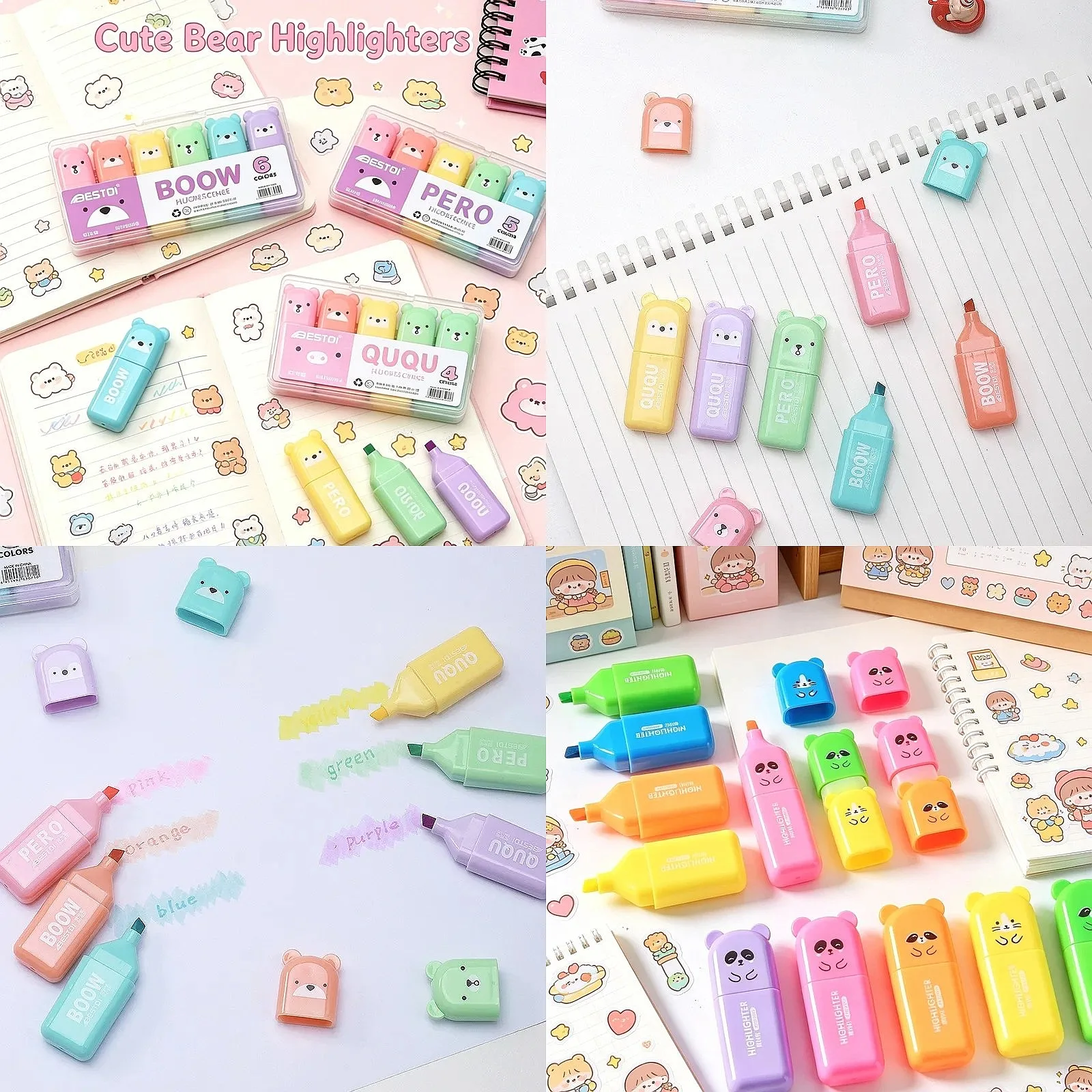 12 Pcs Kawaii Bear Highlighter Pens Cute Stationery Oblique Tip Candy Color Fluorescent Pastel Markers School Supplies