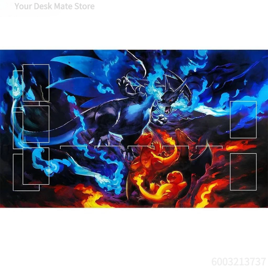 Mega Charizard X Neon TCG Playmat Non-slip Rubber Desk Mat，Waterproof Aesthetic Office Keyboard Pad