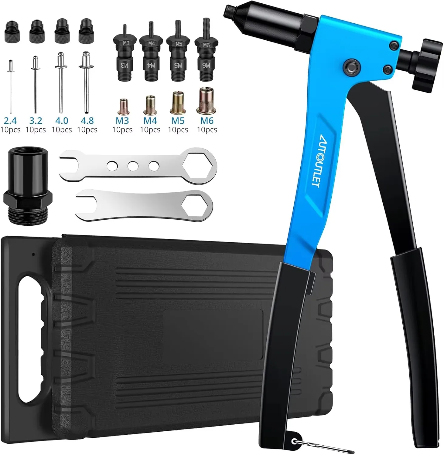 طقم مكسرات تثبيت ، 2 في 1 ، 10 إنش ، احترافي صغير ، مقبض فردي ، أداة مسدس ببرشام مع 40 ، مكسرات ، 40 قطعة ، مسدس