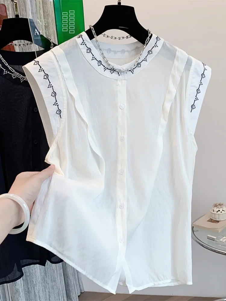 

Ele Heavy Embroidery Cotton Linen Vest irt Women Summer Agel Casual Slim round Ne Svel Top Korean Sle