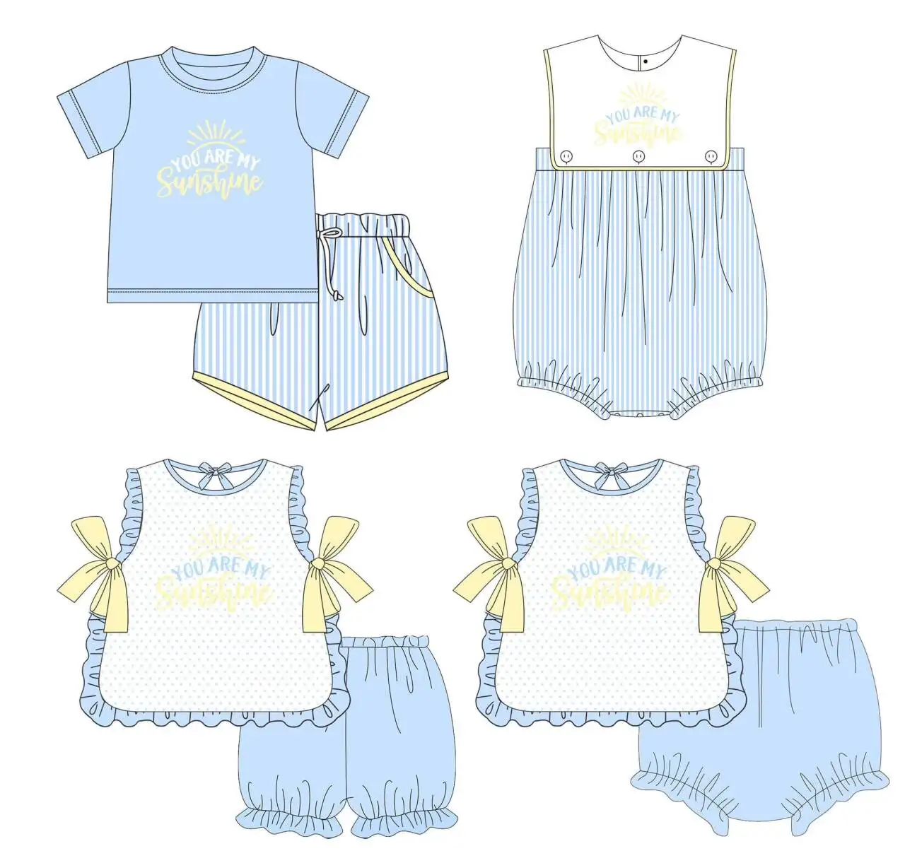 

Little Boy Girls Summer Shorts Sets Children you Are My Sunshine Embroidery Clothing Sets