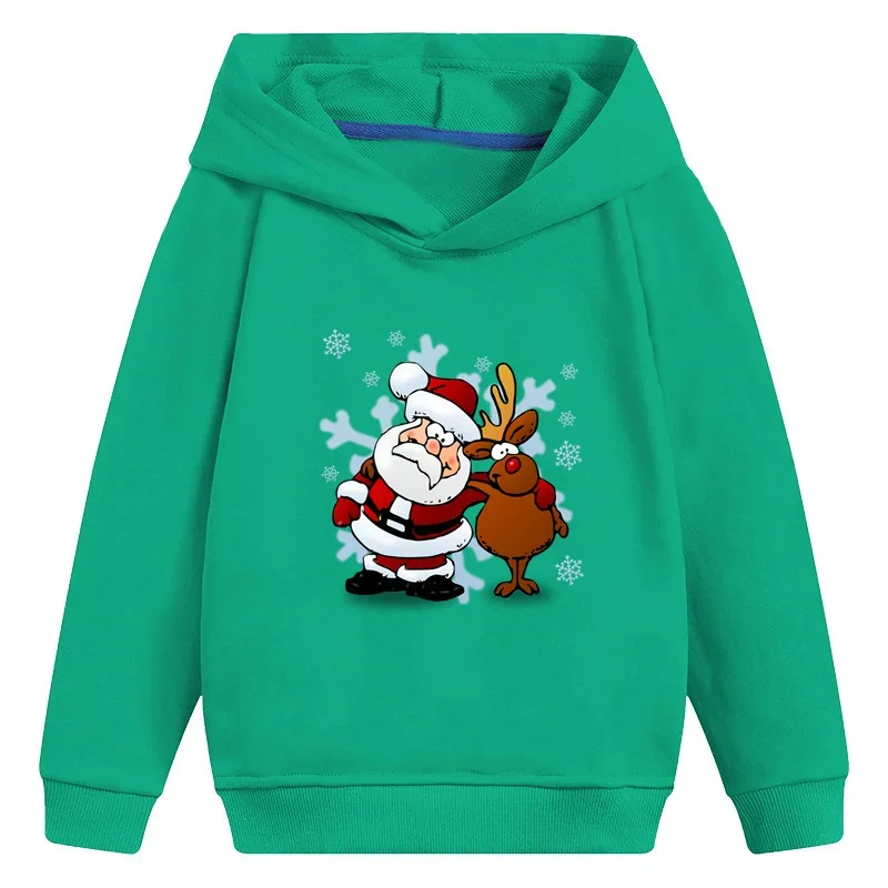 Santa And Deer Merry Christmas Cartoon Kids Hooded Hoodies Funny Girls Clothes Children Sweatshirts Baby Pullover Tops,KMT2022