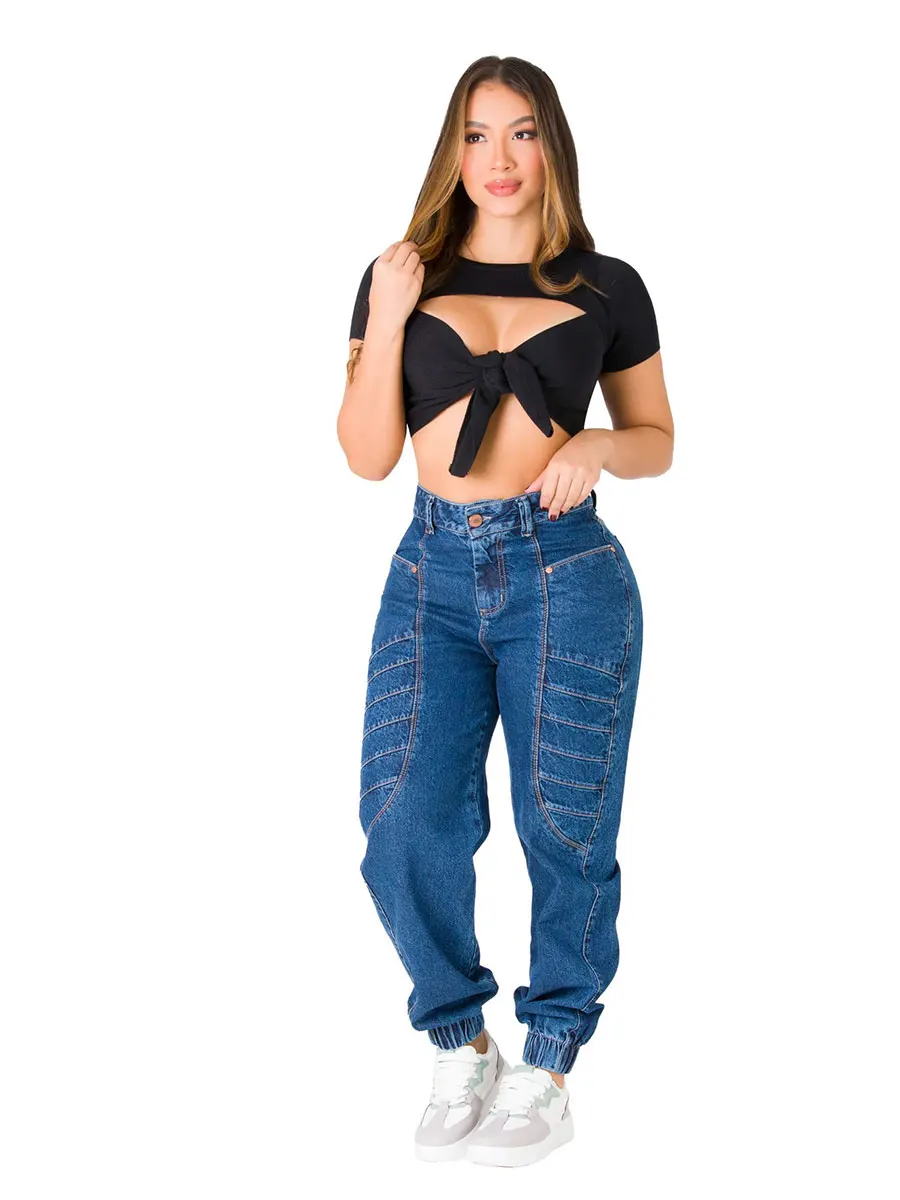 

Women's fashionable washing retro blue layered pleated rubber feet without elastic slim fit casual jeans