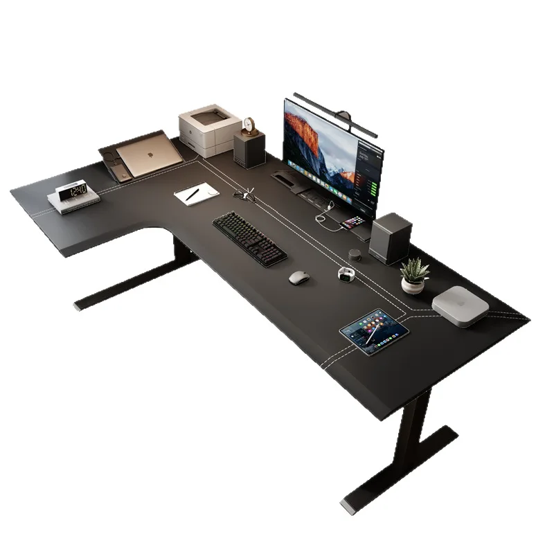 

Corner electric lift table L-shaped corner leather solid wood workbench desk household