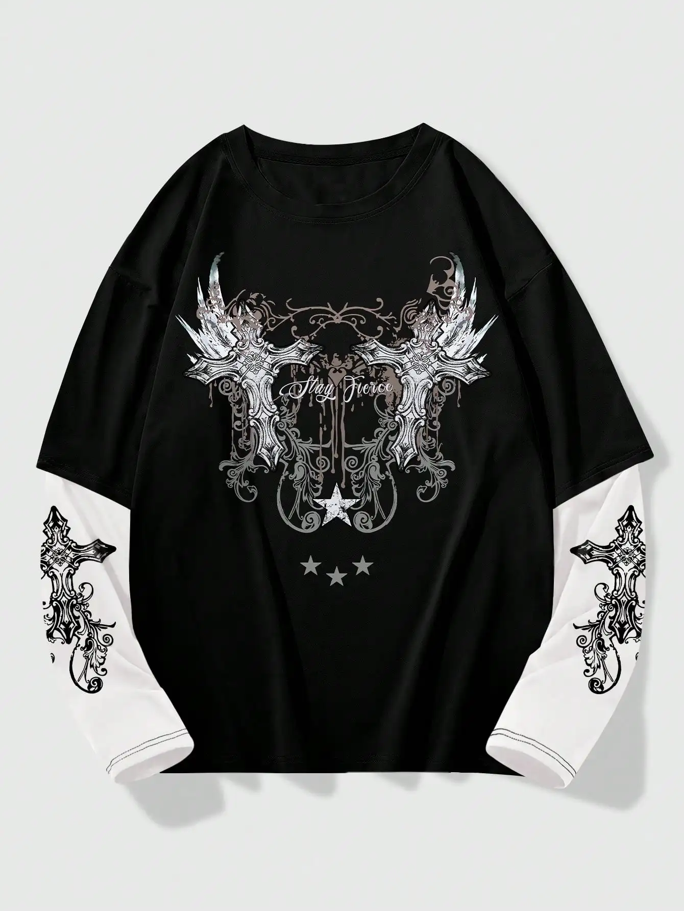 

Мужская многослойная футболка в готическом стиле 2-в-1 с графическим изображением креста и крыльев для повседневной носки на Хэллоуин