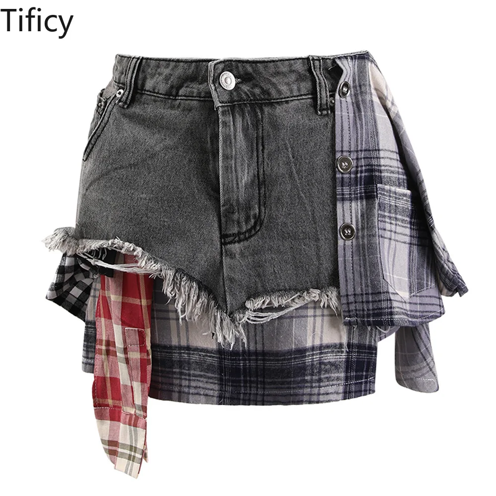 TIFICY Personalized Deconstruction Denim Skirts Women's Summer New Irregular Plaid Patchwork High Waisted Short Jean Skirt