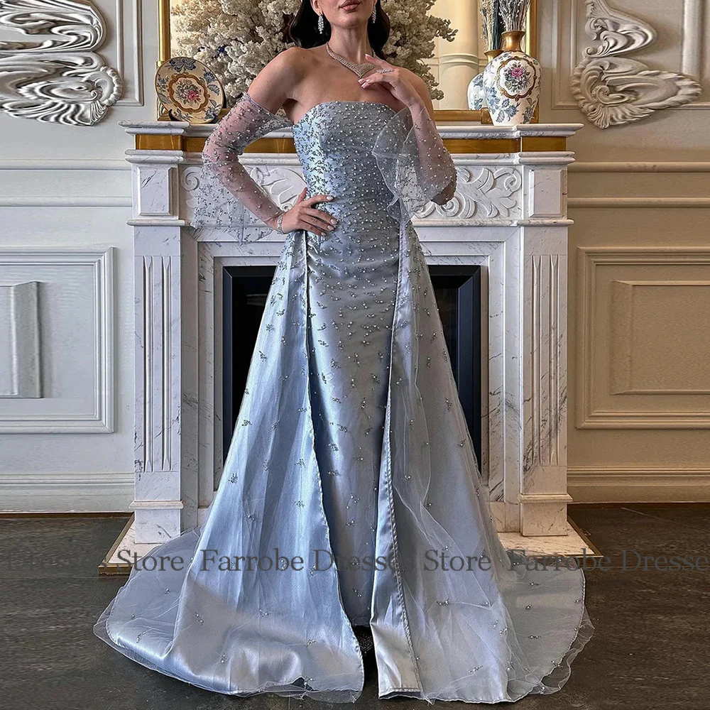 Elegant Birthday Party Dresses Satin Sheath/Column 2025 Luxury Evening Dress Blue Strapless Pearl Beadings Celebrity Gown Long