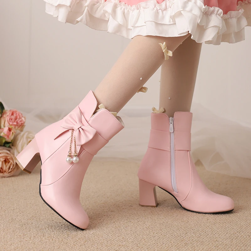 

2023 Pink Black White Sweet JK Cosplay Pearls Pendant Winter Ankle Boots for Ladies Block High Heel Bow Party Shoes for Women