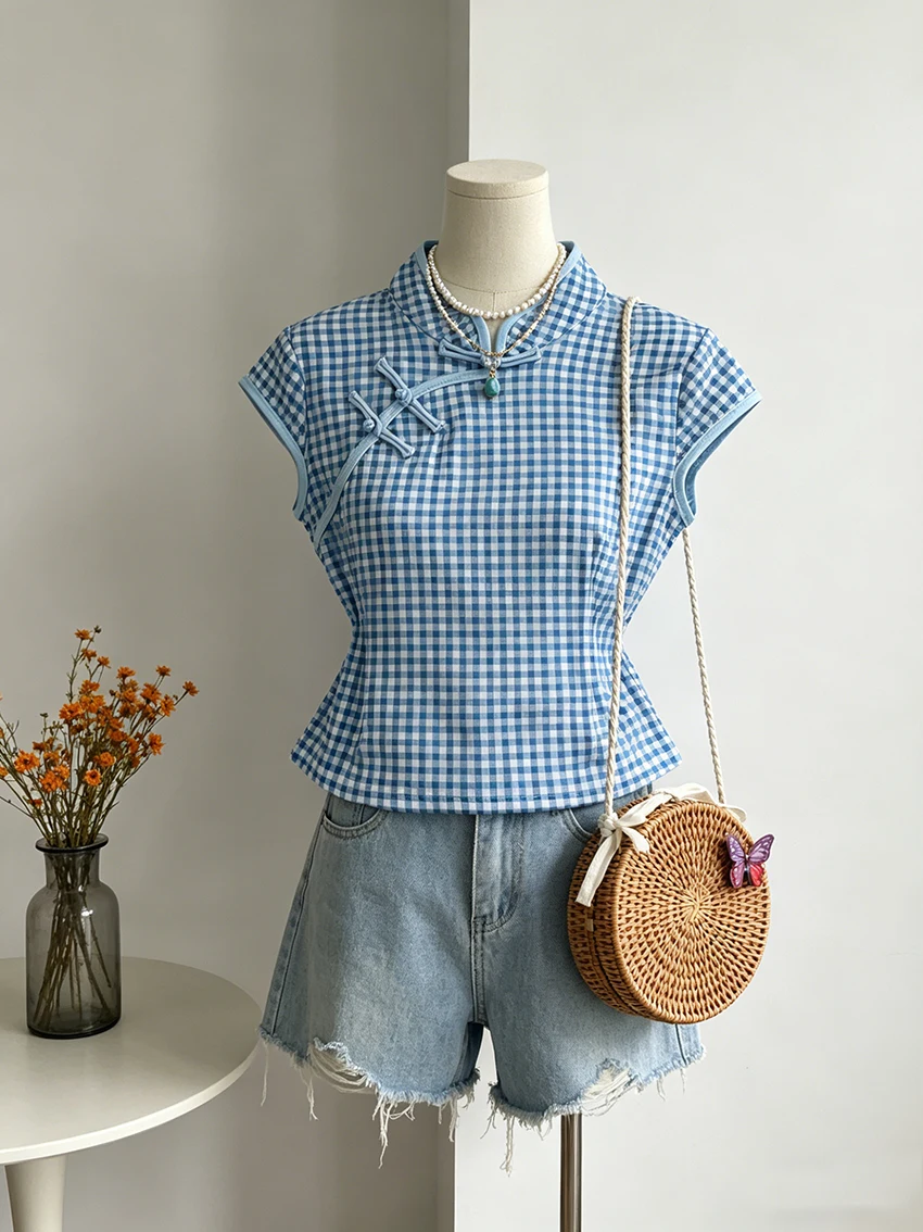 Fashionable Versatile Classic Short Sleeved Tops Summer Retro Style Slanted Neck Slim Checkered Contrasting Stand Collar T-shirt