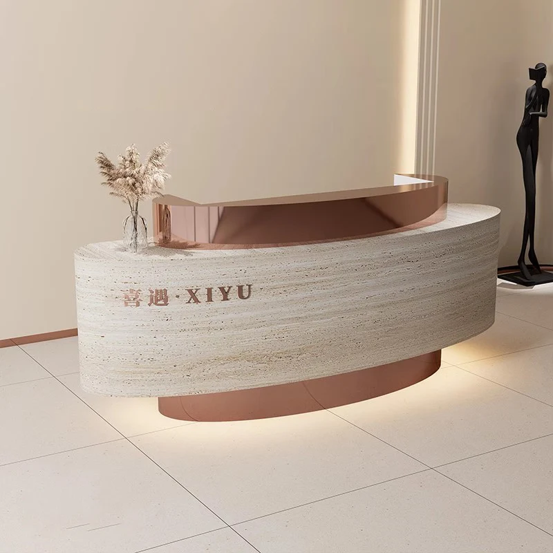 مكتب استقبال لصالونات التجميل بتصميم بيضاوي الشكل فاخر مع مكتب استقبال حديث من الفولاذ المقاوم للصدأ باللون الأسود والأبيض للمكتب #4