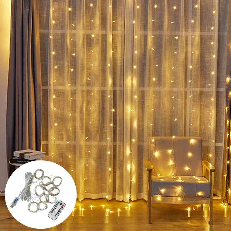 Guirnalda de luces Led Usb, cortina de alambre de cobre, Navidad, en la ventana, 3x3/3x2/3x1M