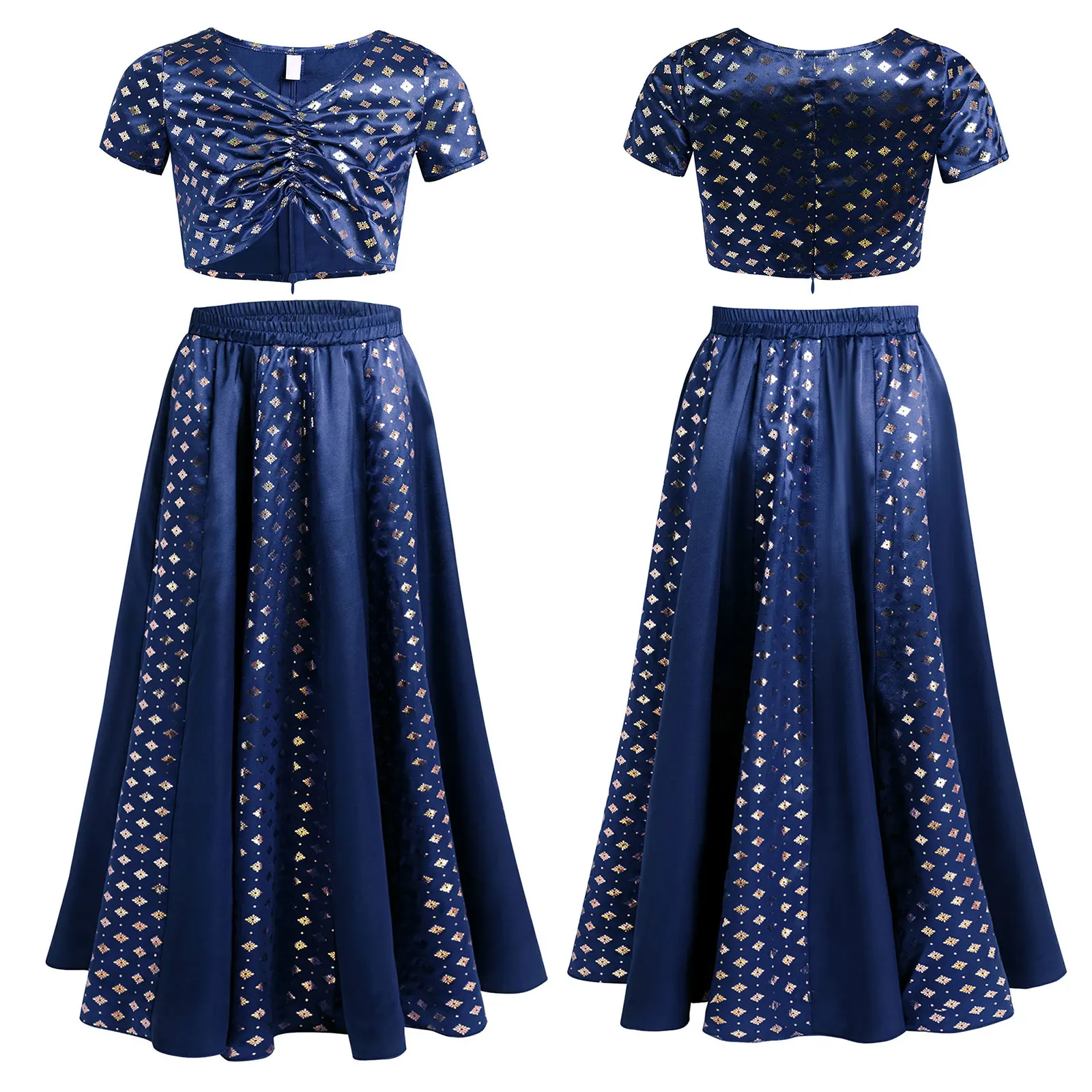 สาวอินเดีย Lehenga Choli ชุดแขนสั้นพิมพ์ลายดอกไม้เมทัลลิคซาติน Crop Top พร้อมกระโปรงสําหรับ Halloween Masquerade Role Play