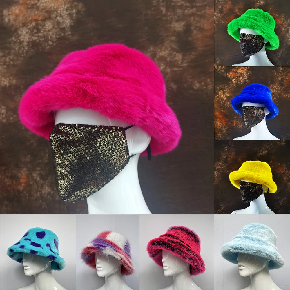 

Fluffy Artificial Fur Bucket Hat for Women's Luxurious Plush Tie Dyed Bucket Hat for Warm Winter Fisherman Hat Gorgeous Hat