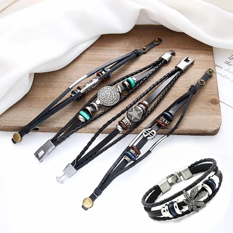 Vintage Men's Leather Bracelet Skull Star Eye Multilayer Charm Bracelet Fashion Braided Rope Leather Bracelets & Bangles Gift