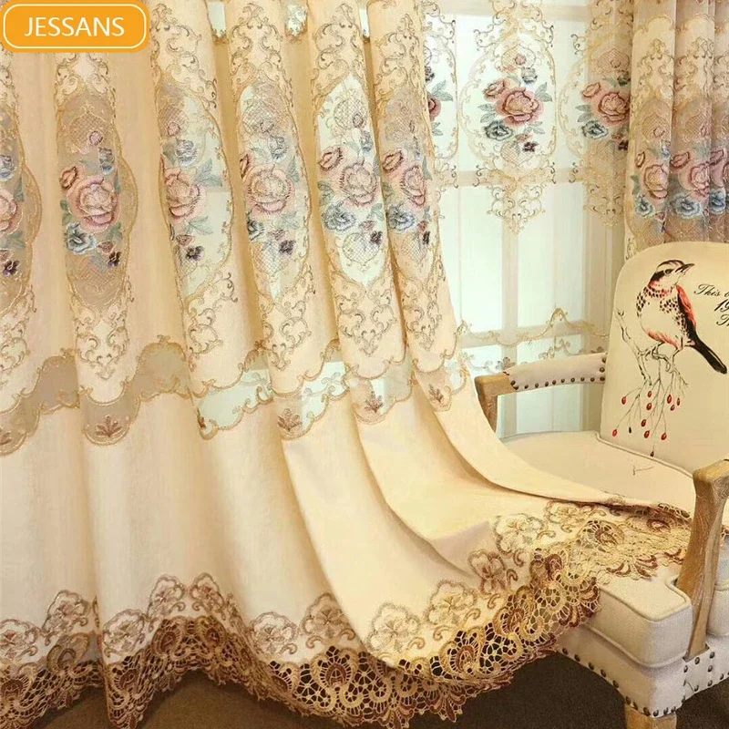 Luxurious Beige Peony Embroidery Curtains for Living Room Semi-Blackout Curtains for Bedroom Villa Hotel Decoration Customize