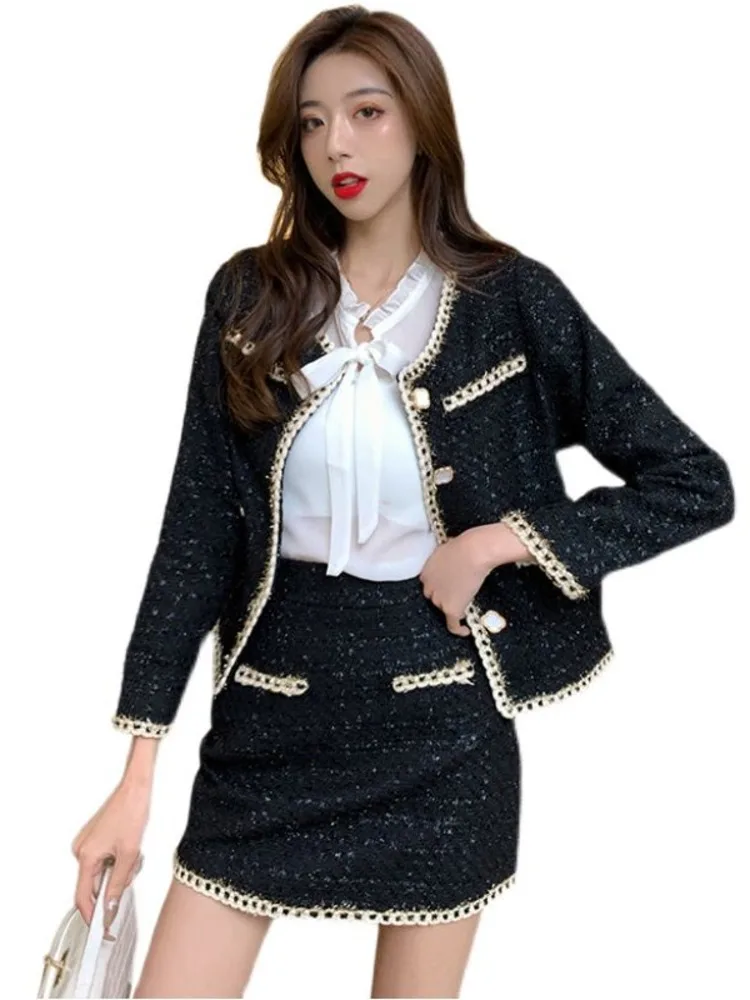 Elegant Women\'s Tweed Suits 2 Piece Sets Fashion Single-Breasted Black Coat + A-Line Short Skirt Women Clothing Sets