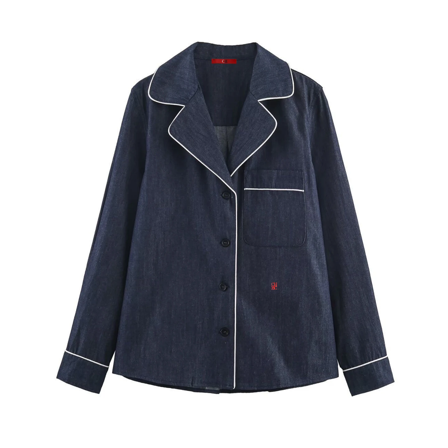 CH Letter Embroidered Solid Color Denim Pajama Set Women Notched Lapel Drawstring Waist Regular Fit Minimalist Chic Loungewear image 5