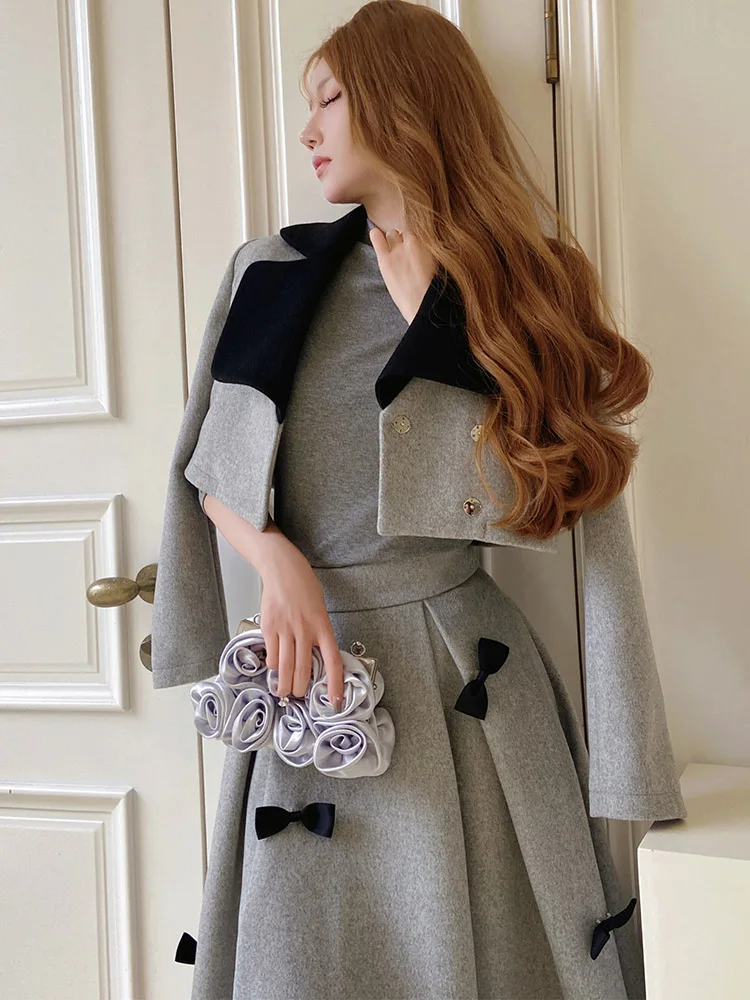 Dabuwawa 2 Piece Sets Bow Short Coat Luxury Women 2023 New Collection Slim Skirt Korean Reviews Many Clothes Suiting DM1DSE002