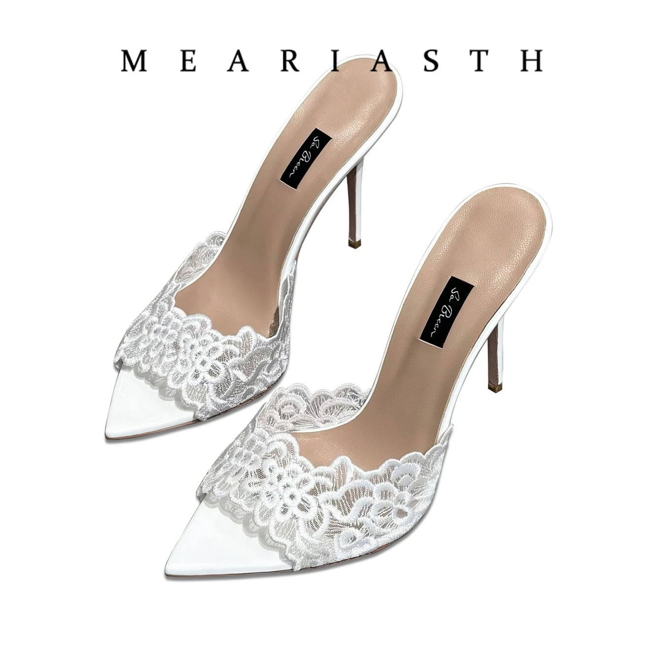 

Новые белые туфли-мюли с кружевной вышивкой, на тонком высоком каблуке, с открытым носком, женские, с острым носком, на одном ремешке, летние, сексуальные, для вечерних выходов