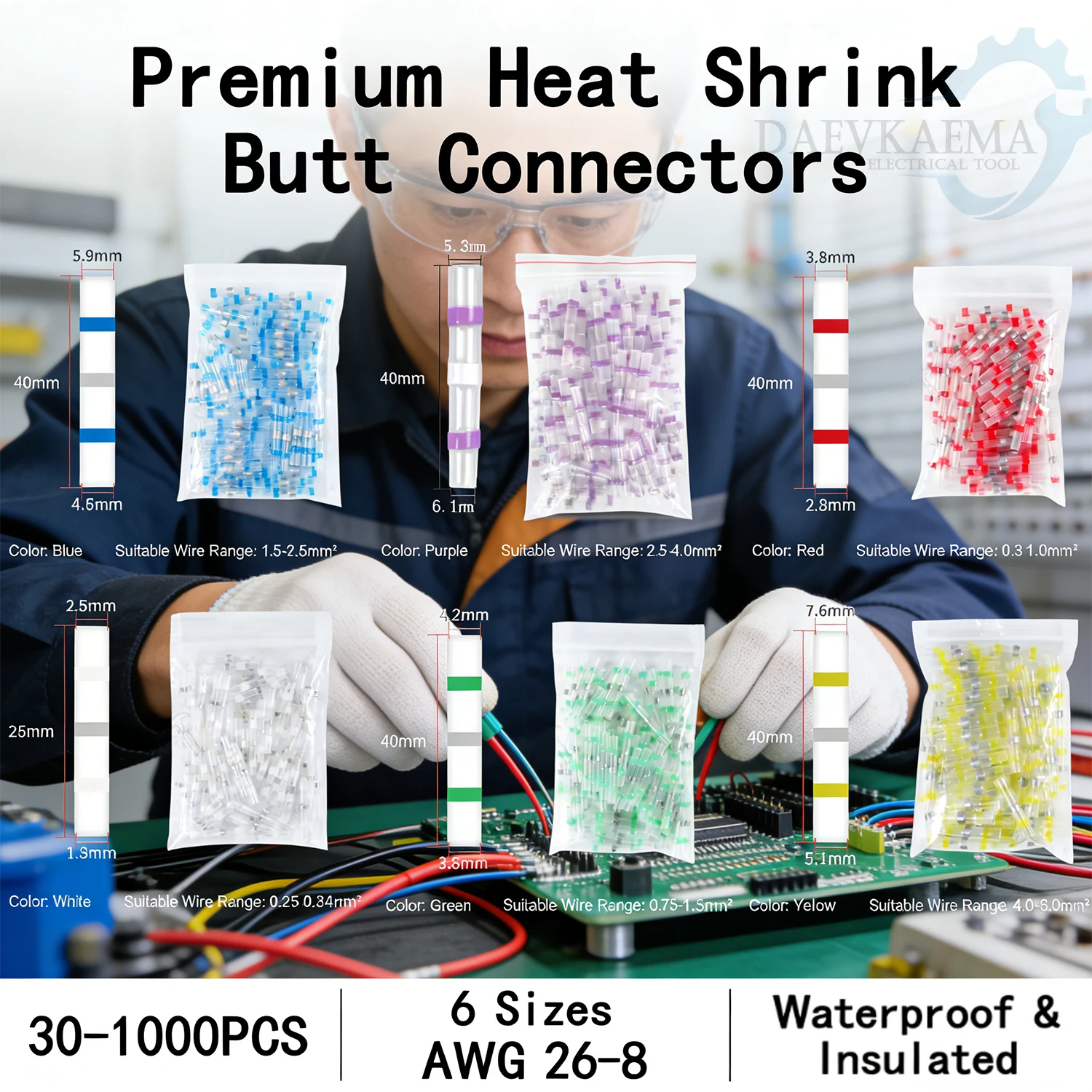 Solder Ring Seal Wire Heat Shrink Butt Connectors Waterproof Insulated Electrical Terminals ,30-1000PCS, 6 Sizes AWG 26-8