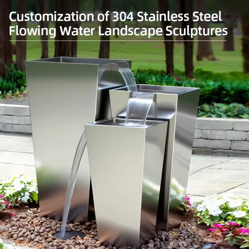Square Stainless Steel Waterfall Fountain Metal Art Outdoor Ornament For Garden Resort Square Elegant Stable Durable Stylish