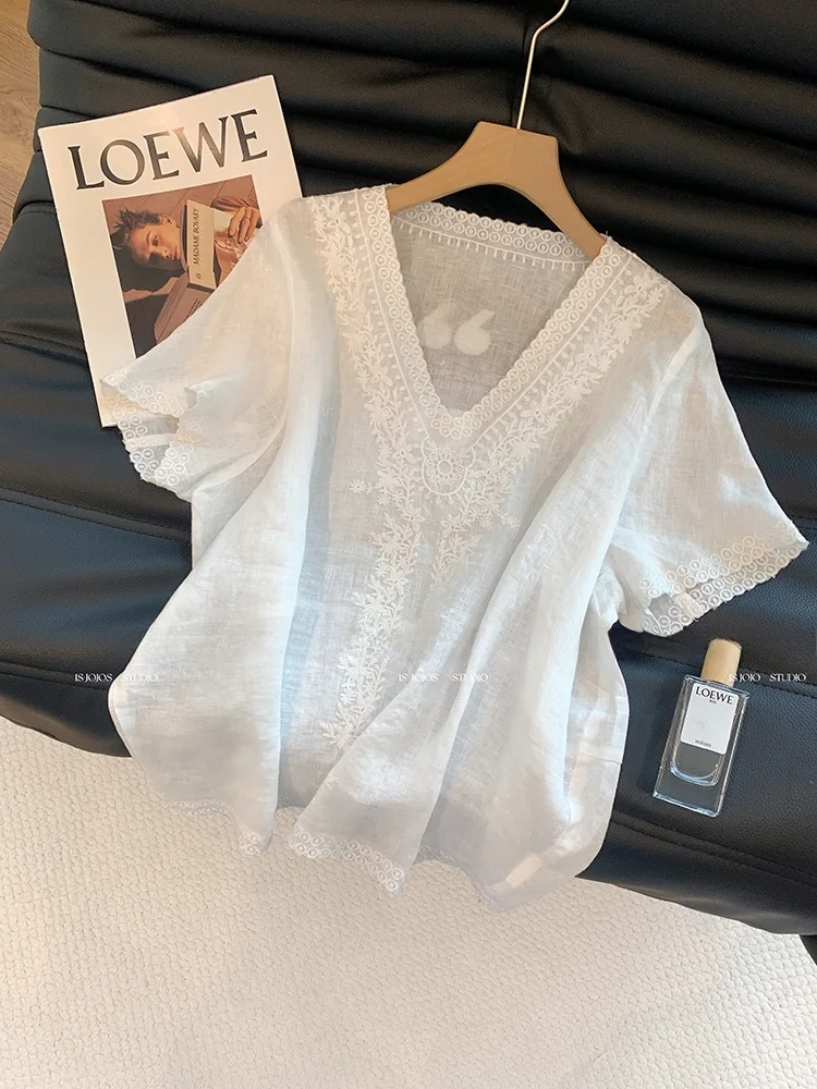 Ele v-ne brodé coton lin irt femmes ort Sve haut amincissant été nouveau Sle polyvalent coréen Sle trajet