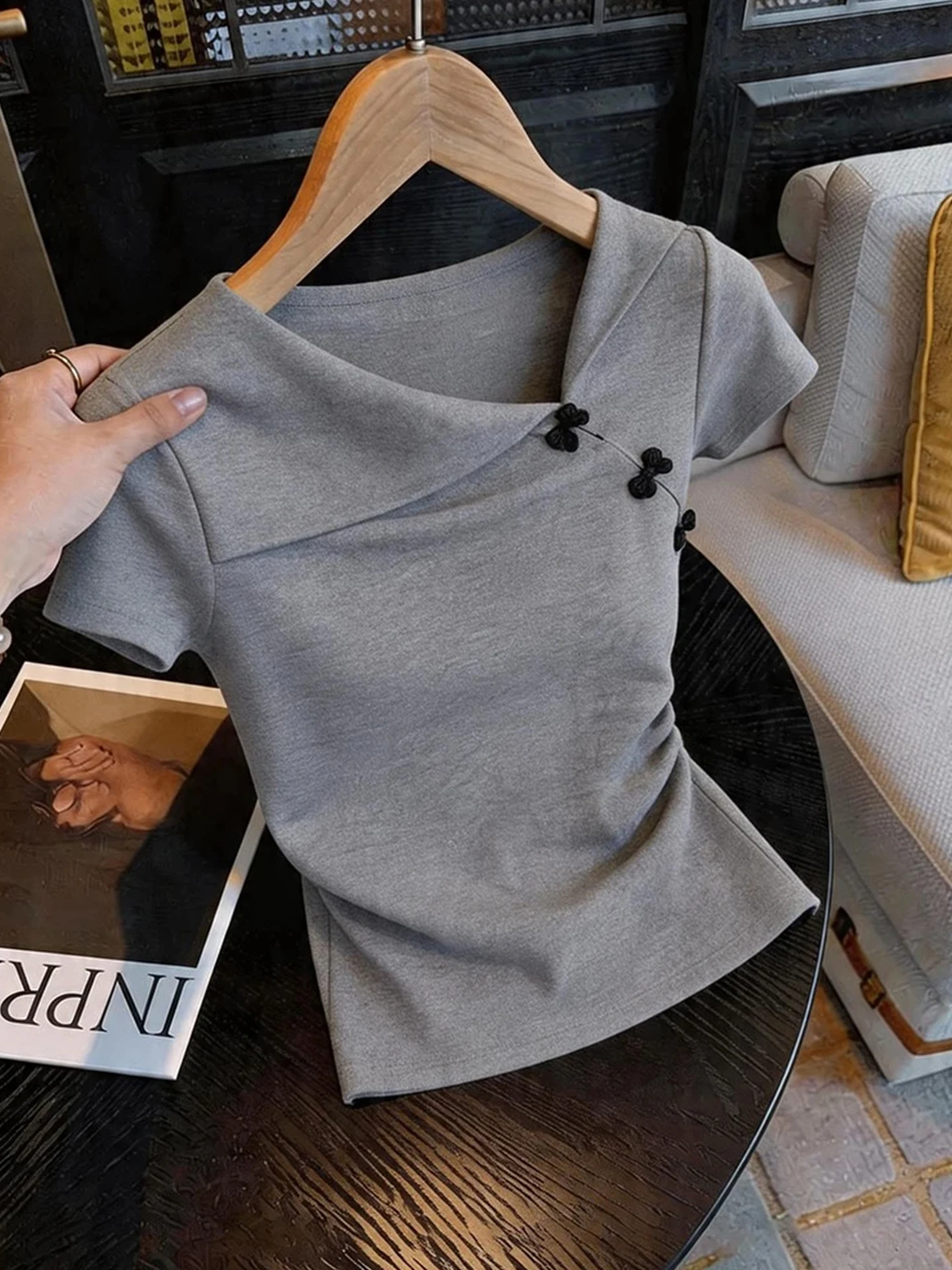 plus Size Grey Asymmetrical Collar Casual Short Sleeve T-Shirt Women Summer Waist-Cinching Slimming Top Comfortable Breathable