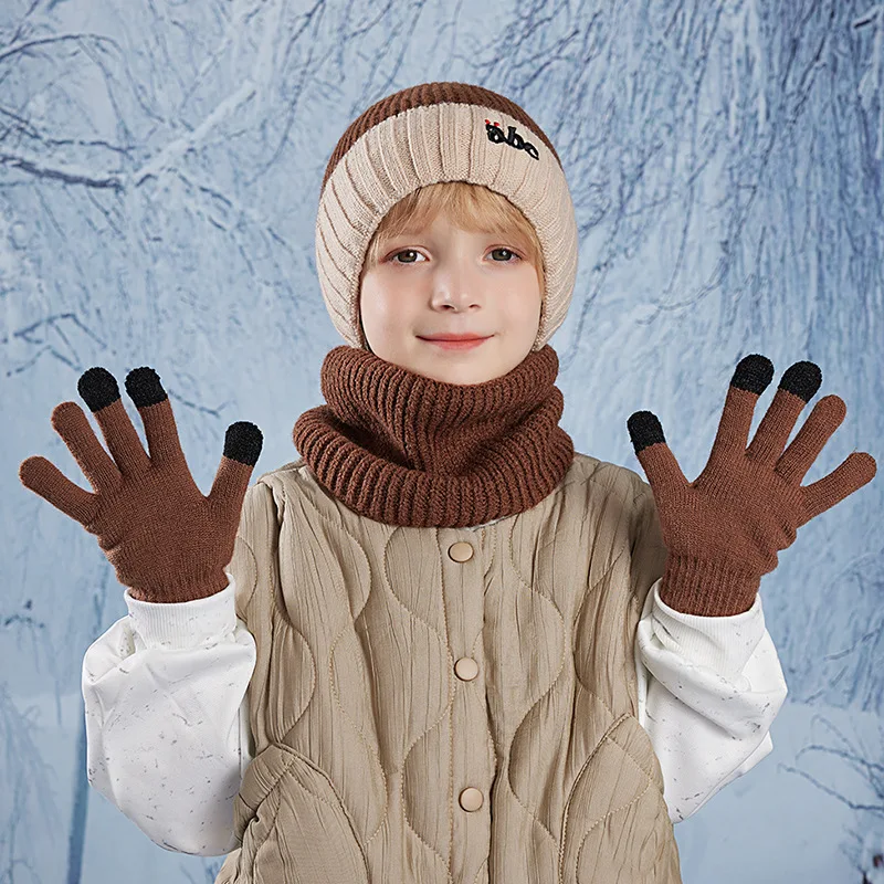 3pcs Winter Children Keep Warm Scarf and Gloves Knitted Hat Kids Outdoor Play Windproof Warm Ear Protection Knitted Hats