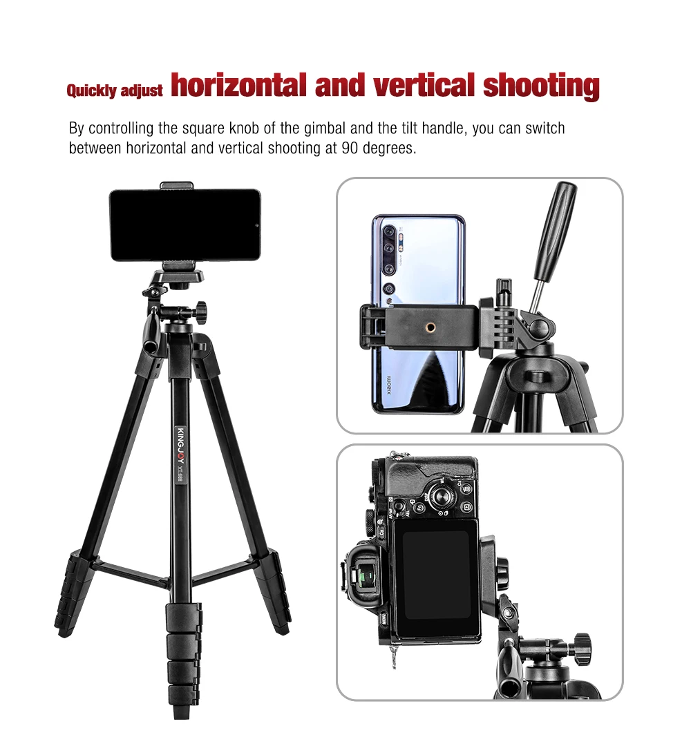 Kingjoy ขาตั้งกล้องสามขาสำหรับโทรศัพท์มือถือ, ขาตั้งกล้องอะลูมิเนียม170ซม. สำหรับ DSLR Canon Nikon SONY iPhone Xiaomi