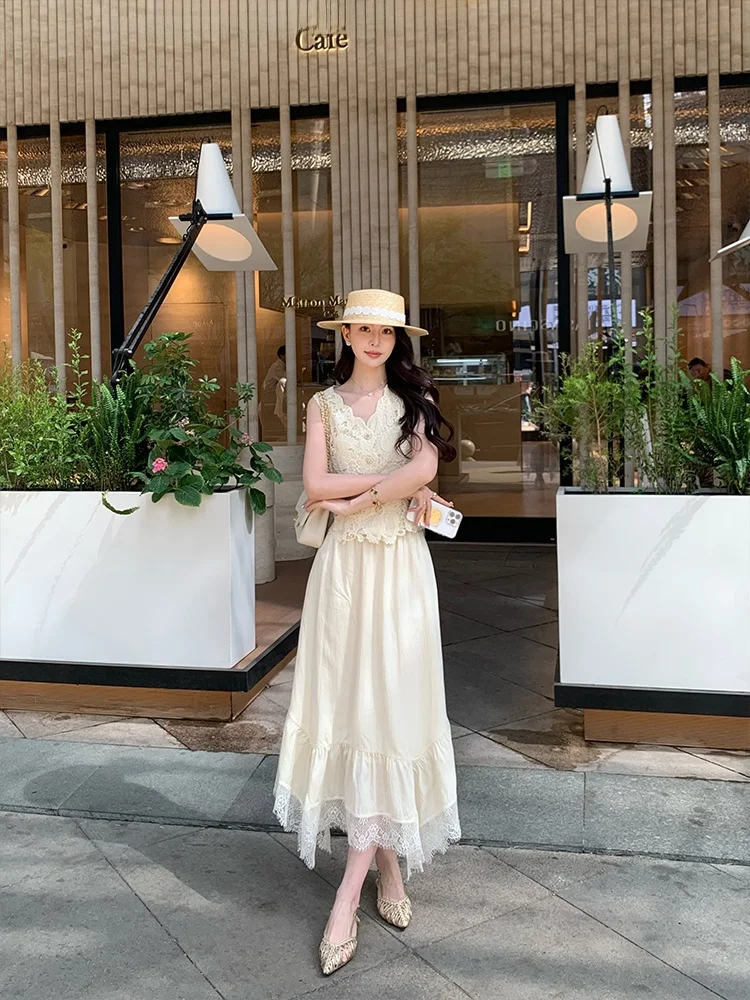 

KunZong Hyde Skirt ell Pink Lace Splicing Chiffon Women's Design Sense Elegance Slim Long Skirt New Arrival A-Line Skirt