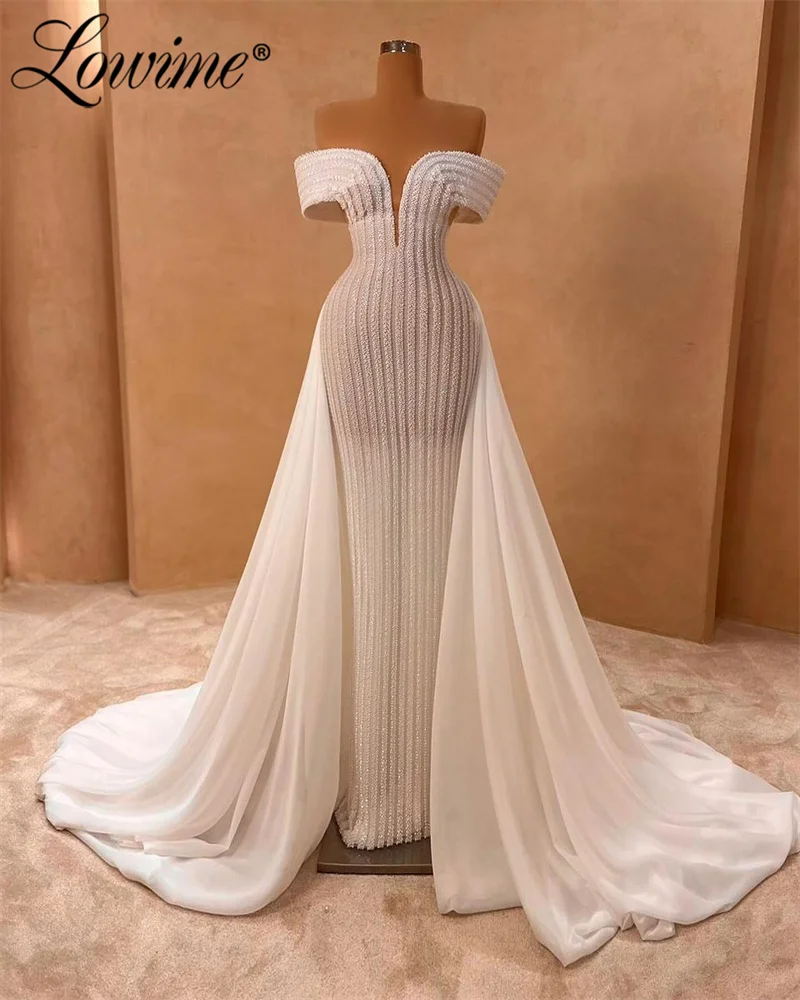 Lowime Beige Arabic Evening Dress Formal 2 In 1 Long Prom Dresses 2024 Haute Couture Mermaid Heavy Beaded Wedding Party Gowns