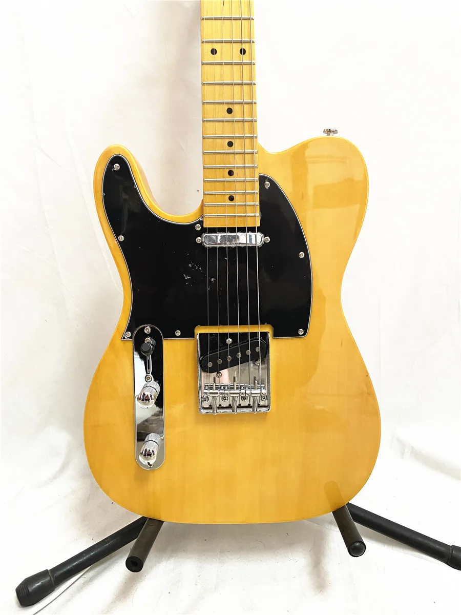 Custom left hand light yellow 6 string electric guitar maple neck black guard plate can be customized free shipping