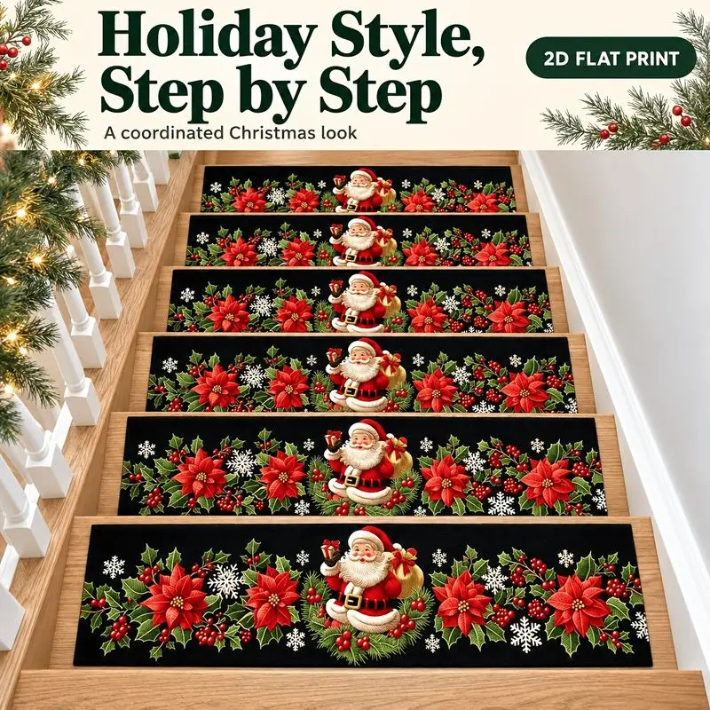 VIKAMA Christmas Staircase Mat Stair Treads For Indoor Wooden Stairs Santa Poinsettia Holly Non Slip Step Rug Xmas Home Decor