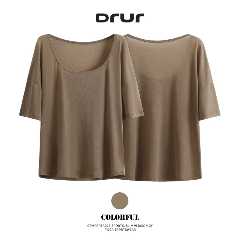 DRUR Women Loose U-Neck Yoga Top Sheer Lightweight Short Sleeve Workout Tee Summer Breathable Casual Workout Shirt