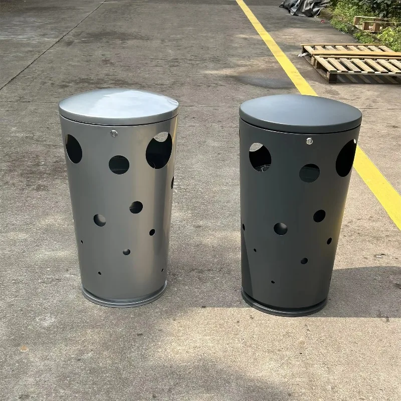 

Round Outdoor Waste Bins Metal Trash Cans Street Recycle Bin Steel Rubbish Barrel for Public 50L Trash with Top Lid