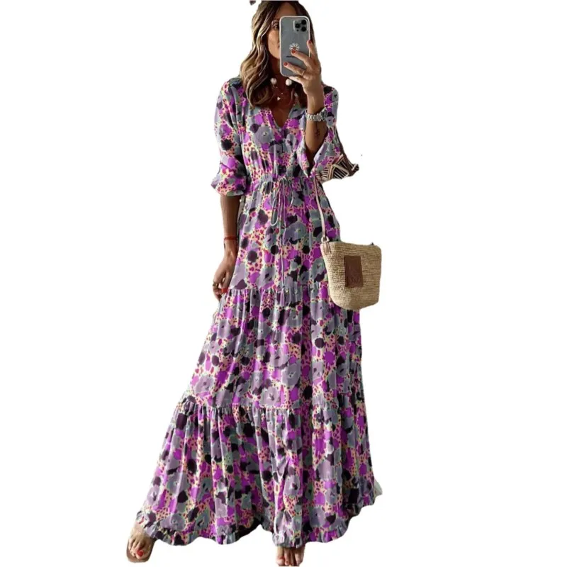 Boho Women\'s Floral Print Long Dress 2024 Summer Casual V-Neck Long Sleeve Loose Dress Female Vintage Beach Maxi Dresses Robe