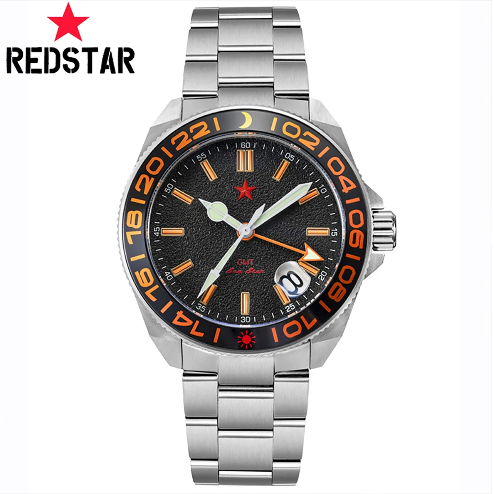 

Red Star 40MM Dual Time Zone Automatic Mechanical Watch Luminous Wristwatch Four Needles Clock Mineral Glass GMT Watches For Men