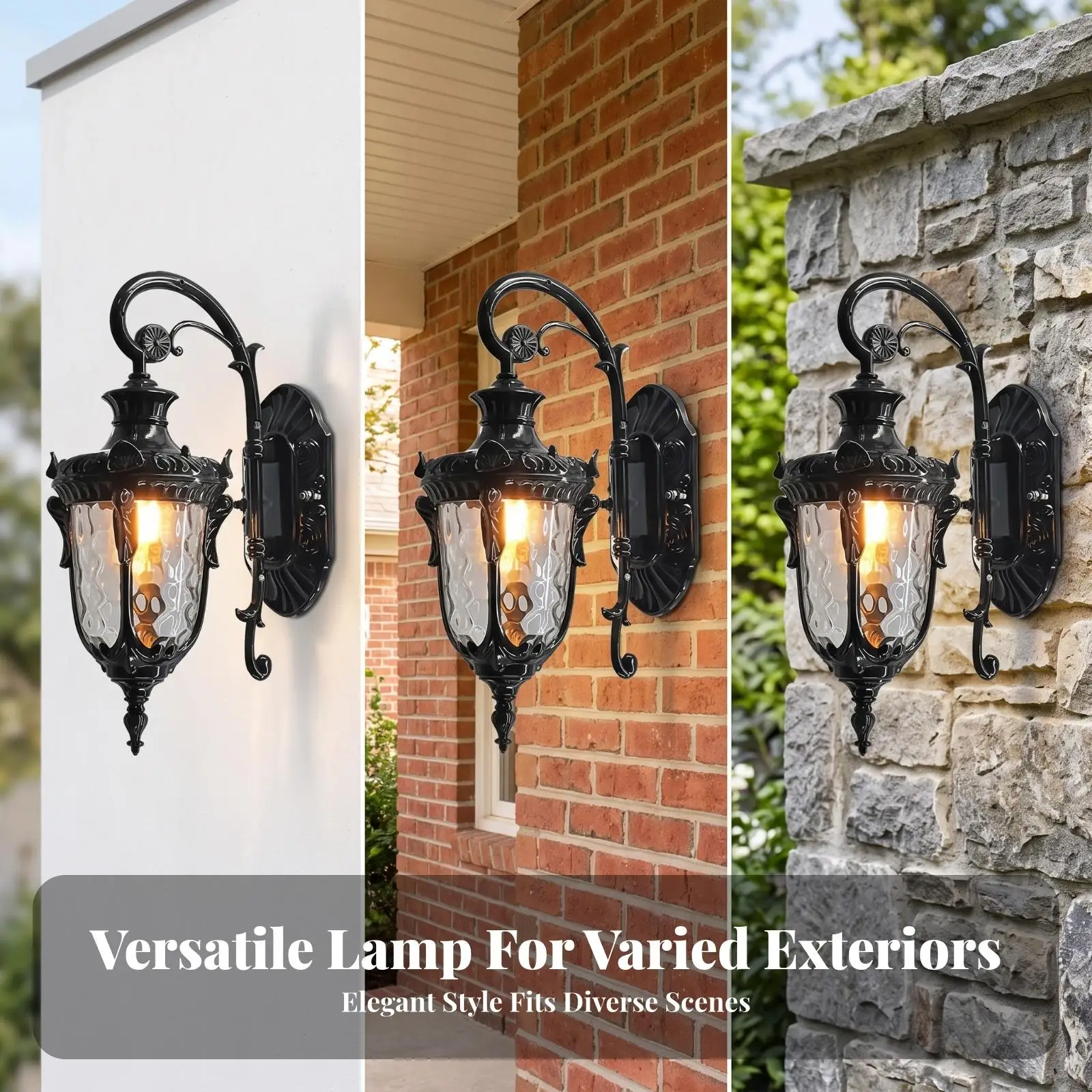Vintage Style Exterior Wall Sconce with Glass Lantern Shade and Curved Metal Accent for Outdoor Porch Pathway Doorway Lighting