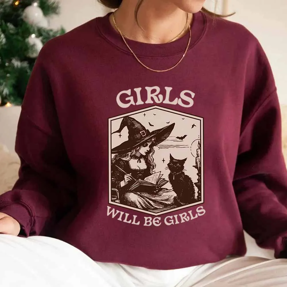 

Толстовка ведьмы для девочек Will Be Girls, винтажный свитер ведьмы с черным котом на Хэллоуин, готические эстетические топы, жуткие ведьминские толстовки