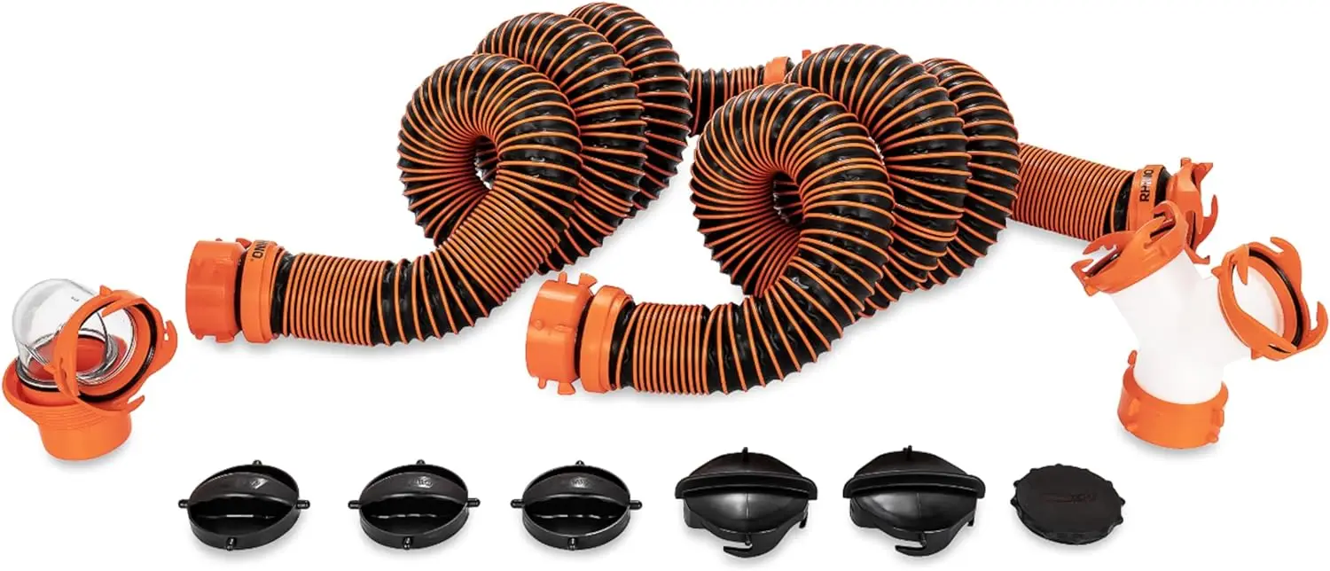 Camco RhinoEXTREME 20’ Camper/RV Sewer Hose | RV Accessories Include 360° Clear Swivel Wye Fitting & Removable 4-in-1 Adapter