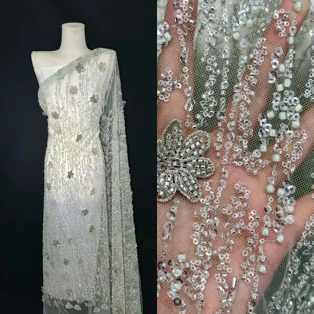 

French Mesh Lace Fabric Exquisite Craftsmanship 2024 Fashion African Nigerian Net Lace Fabric Sequins Beads Cloth For Dresses