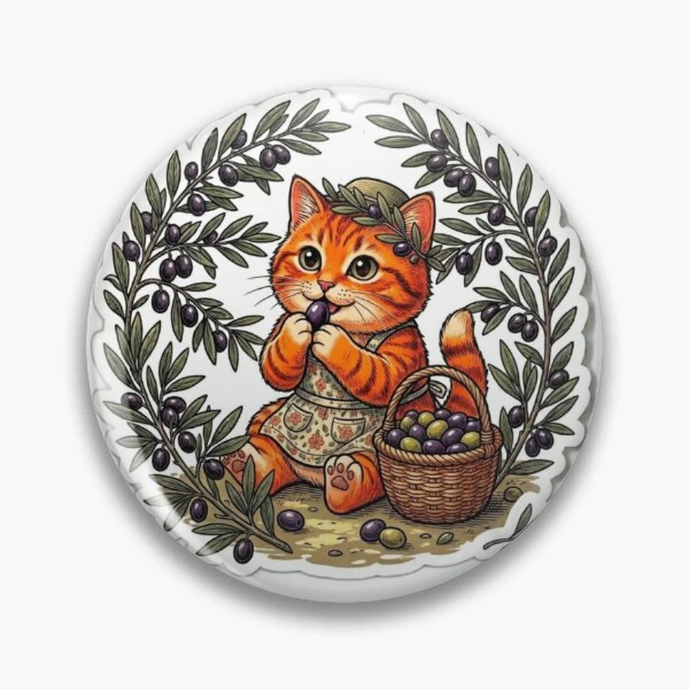 Cute Orange Tabby Cat Harvesting Olive Tree Branch Vintage Sticker Pin Holographic Star Heart Pin Brooches Laminated Button Fash
