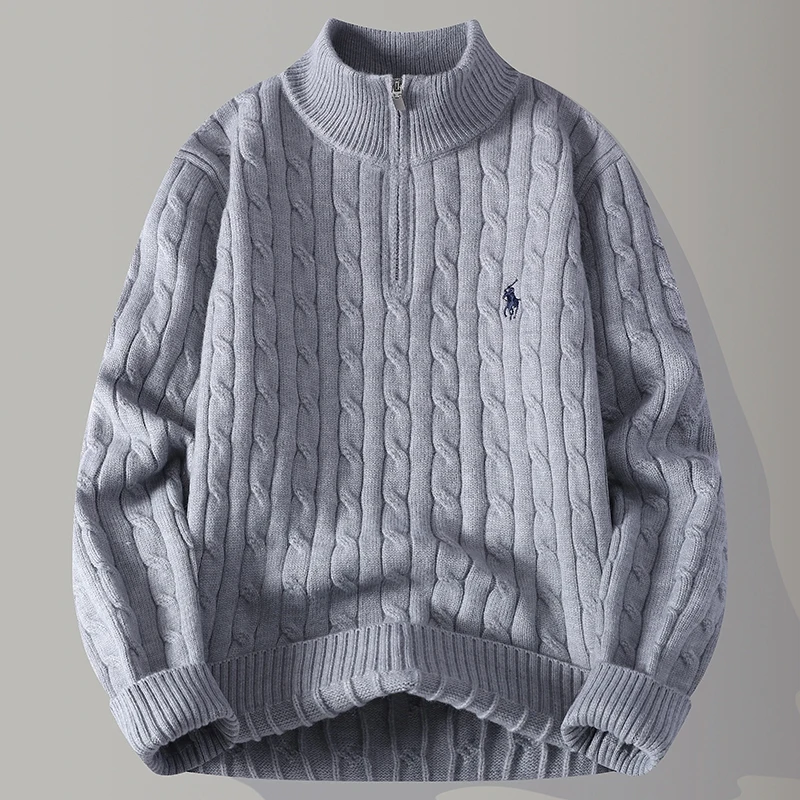 

Half Zip Stand Up Collar Sweater, Men's Autumn and Winter Trendy Brand Embroidered Warm Woolen Clothes Youth Knitwear