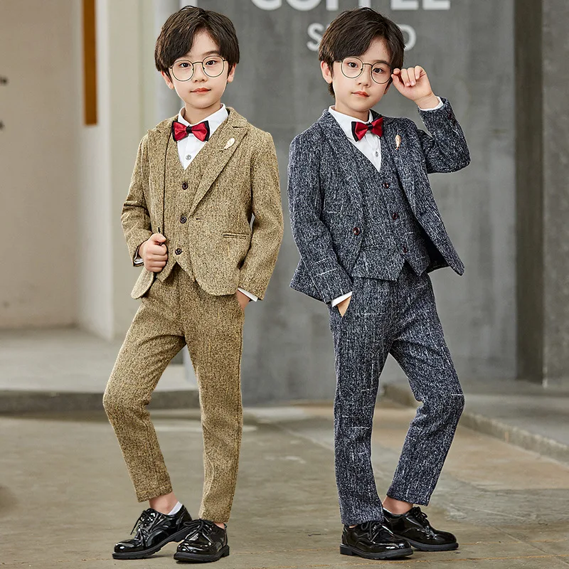 Clearance Stock sale Boys Spring 3Pieces/Set Jacket Vest Pants Photography Suit Kids Wedding Ring Bearer Dress Children Costume