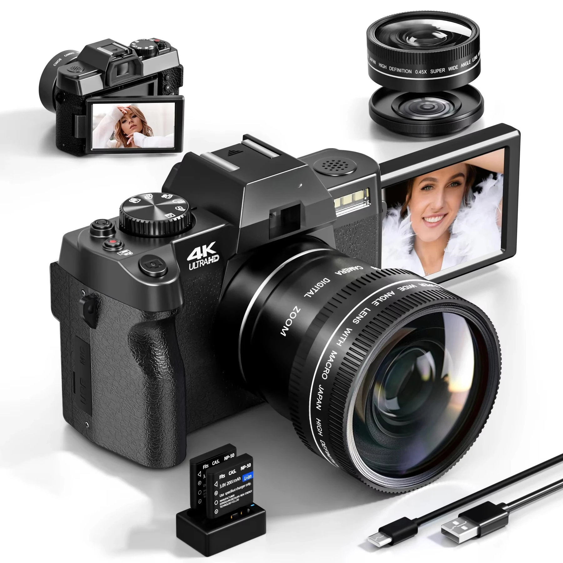 

4K Черный Розовый Белый Видео Запись Цифровой Cmera 3-дюймовый Экран Перезаряжаемая Батарея 48 Мегапикселей 16-кратный Цифровой Зум Cmera