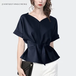 Fashion Women' Spring Summer Cute Sweetheart neck Short Sleeve Casual Shirt With Belt Solid Color Cotton Blouse Ladies Tops