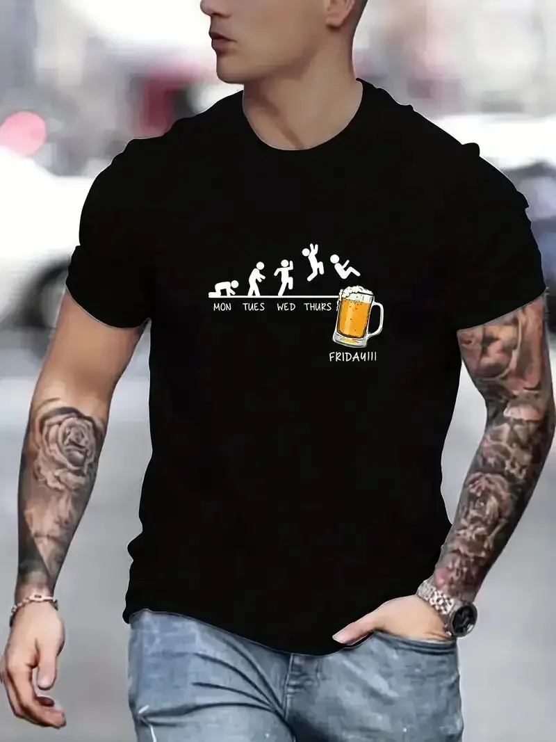 Jumping in Beer Print T-shirt, Men's Casual Street Style Stretch Round Neck Tee Shirt for Summer