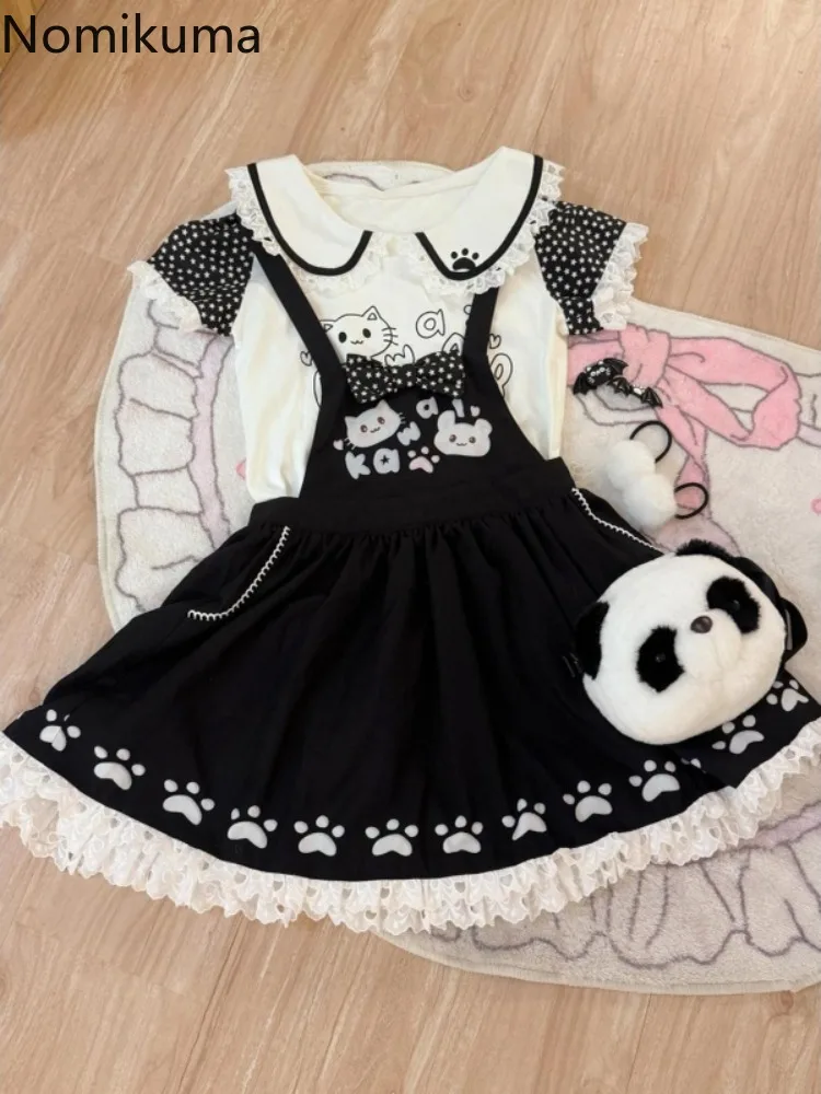 

Sweet Two Piece Set Women Clothing Peter Pan Collar Cartoon T Shirts Patchwork Lace Strap Dress Suit Fashion Summer Cute Outfits
