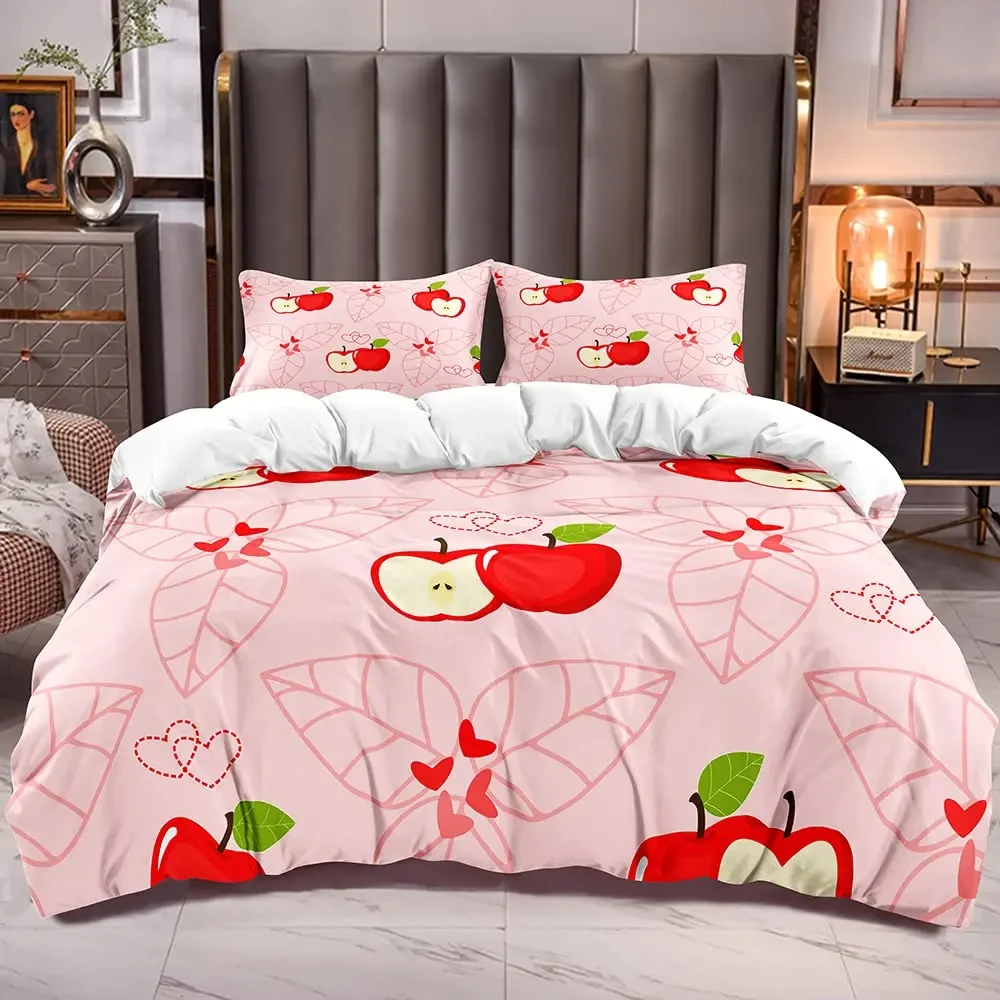 Cartoon Apple Duvet Cover Twin Queen Red Apple Bedding Set,Lovely Fruit Print Simple Hippie Comforter Cover for Boys Girls Teens